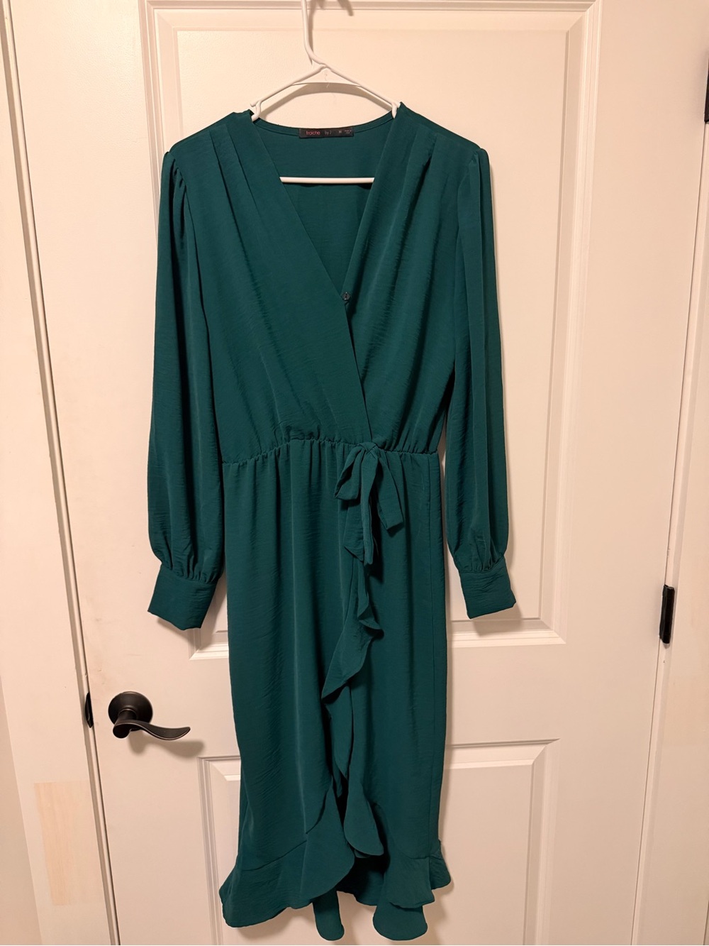 Teal Wrap Midi Dress with Ruffle Trim